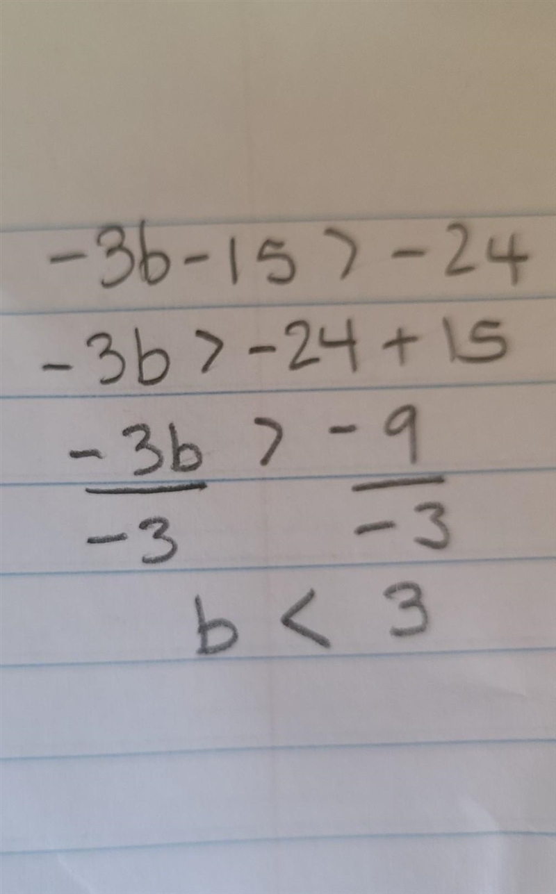 What does b equal -3b-15 > -24-example-1