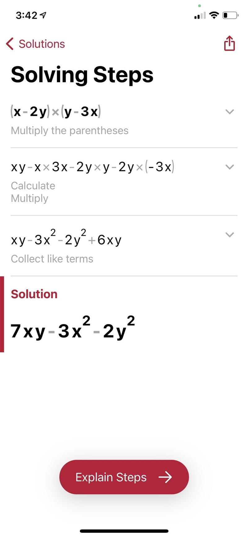 Expand and simplify, (x-2y)(y-3x)-example-1