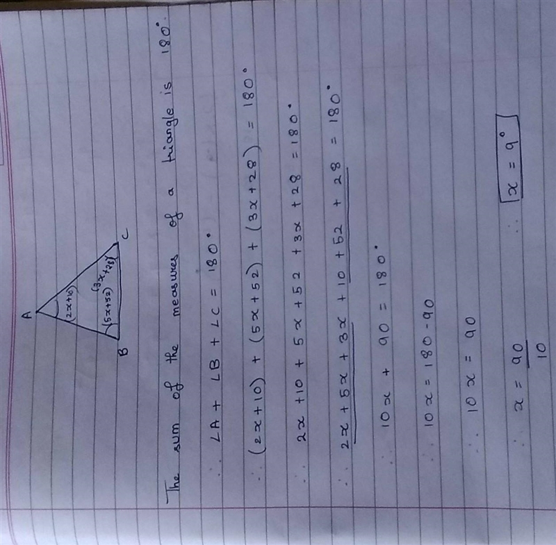 3. Triangle ABC has angle measures as shown. (5x + 52) (3x+28) (2x-10) (a) What is-example-1