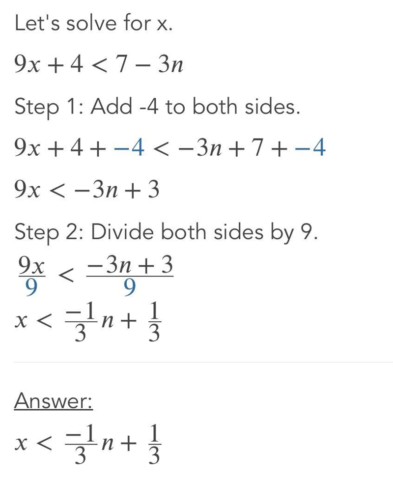 What is the solution of 9x+4<7-3n IF X is an element of whole number-example-1