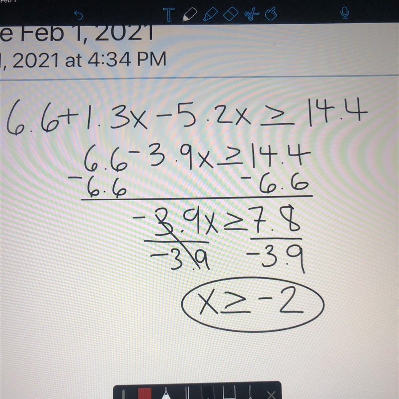 6.6+1.3x-5.2x(less than or equal to) 14.4 plssss help omg ​-example-1