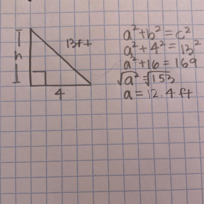 Use Pythagorean Theorem to determine the missing side. How high is the end of the-example-1