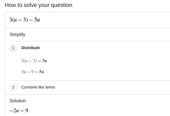 Simplify 3(u-3)-5u Please and thankyou-example-1