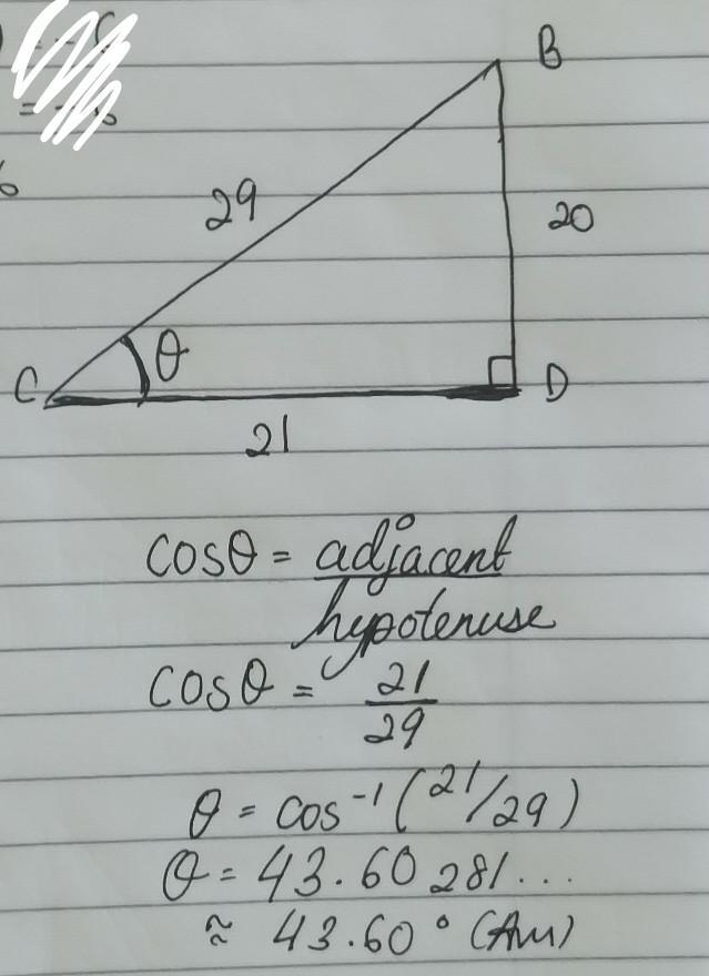 In ΔBCD, the measure of ∠D=90°, BD = 20, CB = 29, and DC = 21. What is the value of-example-1