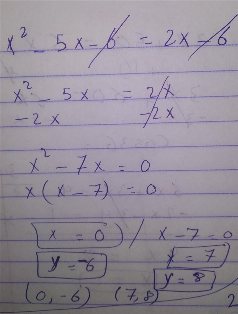 What are the solutions to the system of equations? y = x x2 5x – 6 y= 2x – 6 • (-1, 0) and-example-1