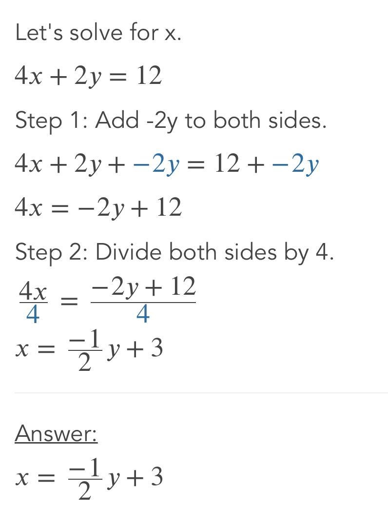 Solve the following system of equations using substitution. 4x + 2y = 12 x = y + 3-example-1