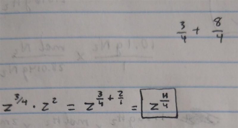 Rewrite the expression in the form z^n. z^3/4 x z^2-example-1