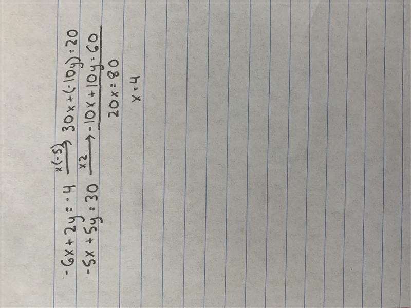 Solve the system of equations by elimination: -6x + 2y = -4 and -5x + 5y = 30-example-1