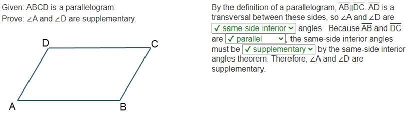 Given: ABCD is a parallelogram. Prove: ∠A and ∠D are supplementary. Parallelogram-example-1