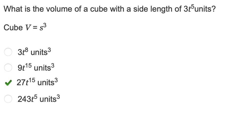 What is the volume of a cube with a side length of 3t5units? Cube V = s3 3t8 units-example-1