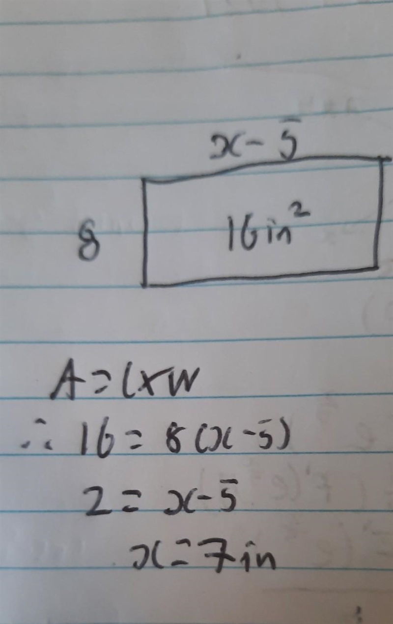 11. The rectangle has a width of 8 in, a length of x-5 in, and an area of 16 inSolve-example-1