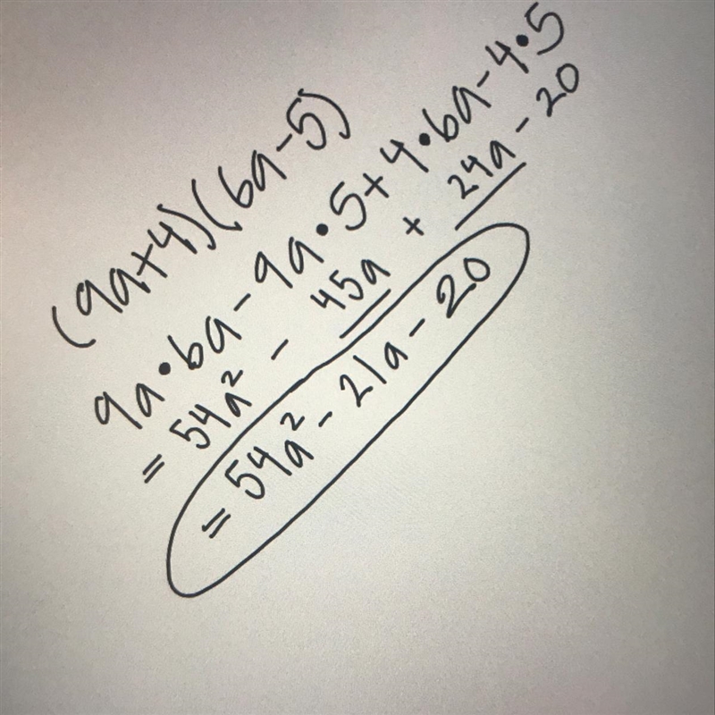 What is the product of 9a + 4 and 6a -5-example-1