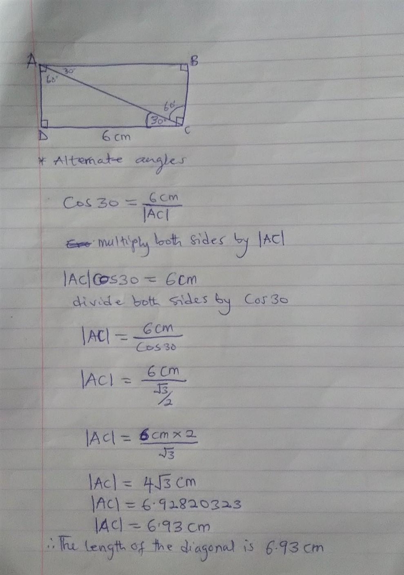 the angle between the length of a rectangle and its diagonal is 30degrees. if the-example-1