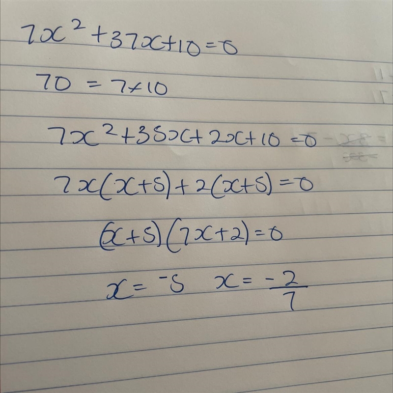 Complete the factored form. 7x² +37x + 10 = (7x + 2)()-example-1