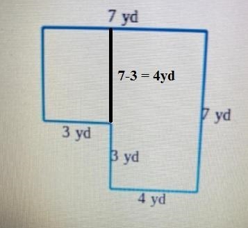 Find the area of the figure. (Sides meet at right angles.) 7 yd Vyd 3 yd Byd 4 yd-example-1