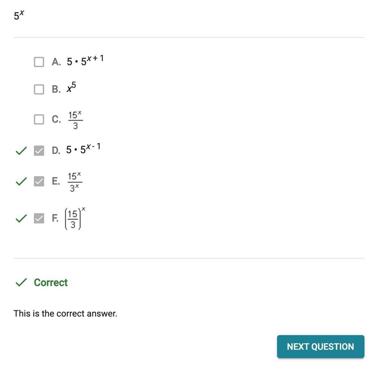 Which expressions are equivalent to the one below? Check all that apply 5^x-example-1