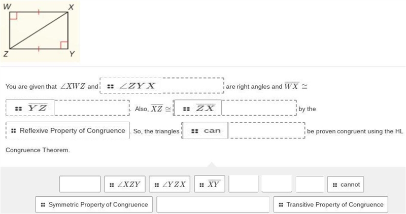 Decide whether enough information is given to prove that △WXZ≅△YZX using the HL Congruence-example-1