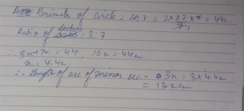 A circle is divided into two sectors in the ratio 3:7. If the radius of the circle-example-1