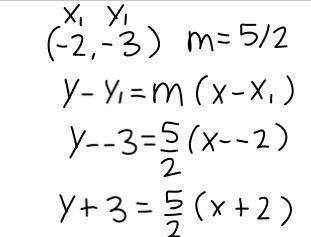 Slope intercept form that passes though the point (-2,-3) and has a slope of 5/2-example-1