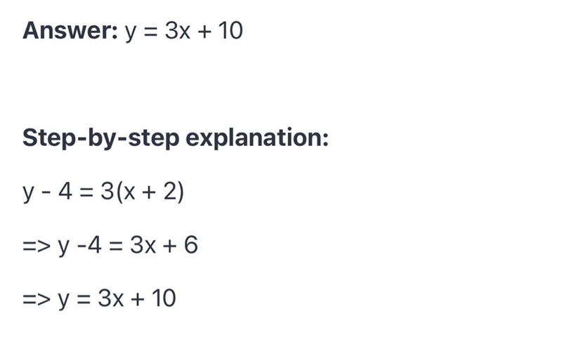 Y-4=3(x+2) in slope intercept form step by step-example-1