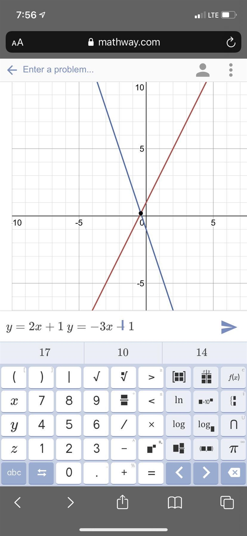 Where does y=3x+1 and y=2x intersect?-example-1