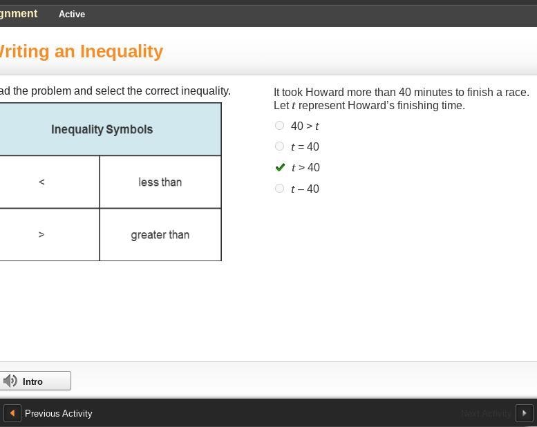 Read the problem and select the correct inequality. A table titled inequality symbols-example-1