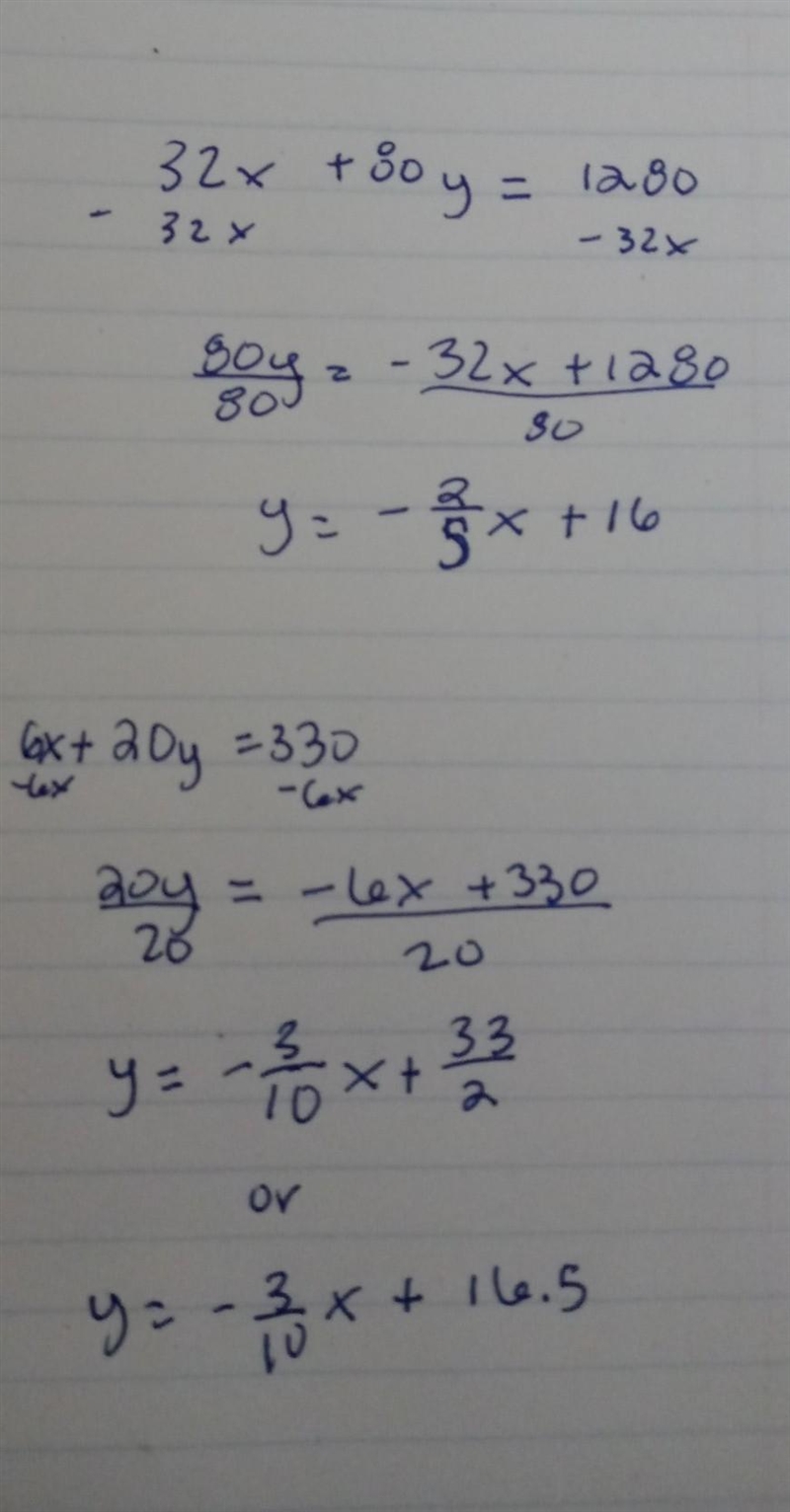 32x+80y = 1280 6x+ 20y=330 Solve system of equations-example-1