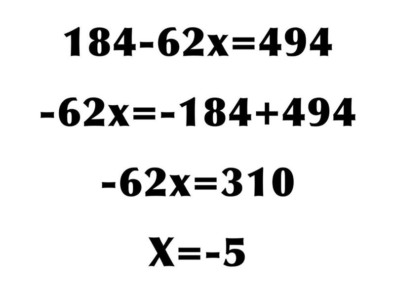 What is1 00 + 84 – 62x = 494-example-1