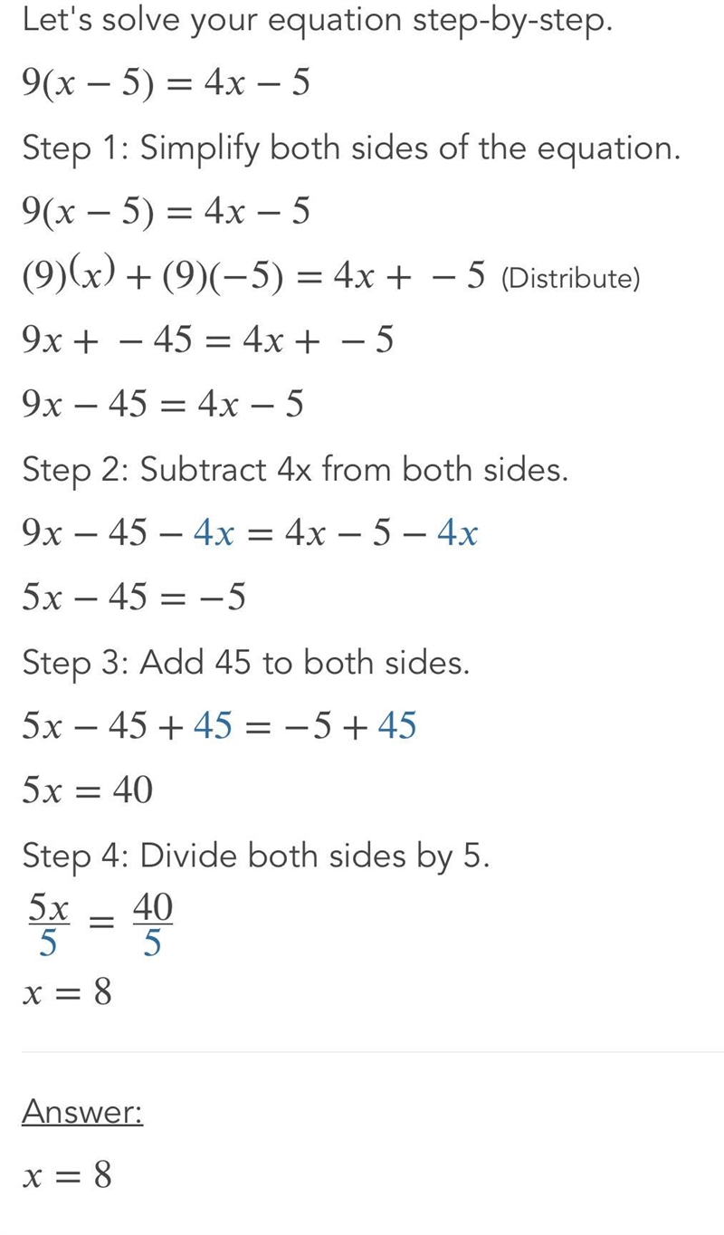 Solve the equation below for x. 9(x - 5) = 4x - 5-example-1