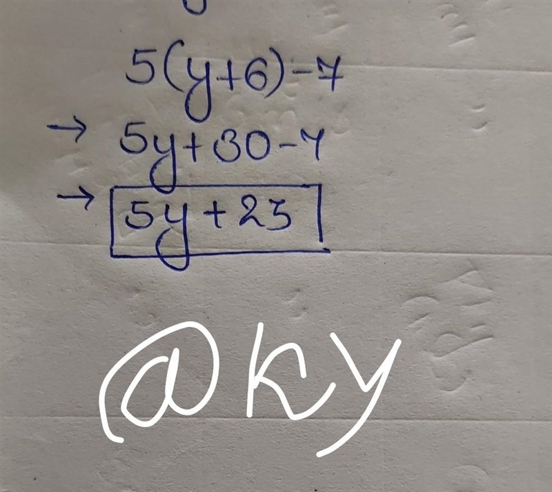 Simplify 5(y+6)-7y using distribution and combining like terms-example-1