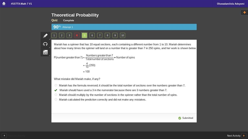 Mariah has a spinner that has 10 equal sections, each containing a different number-example-1