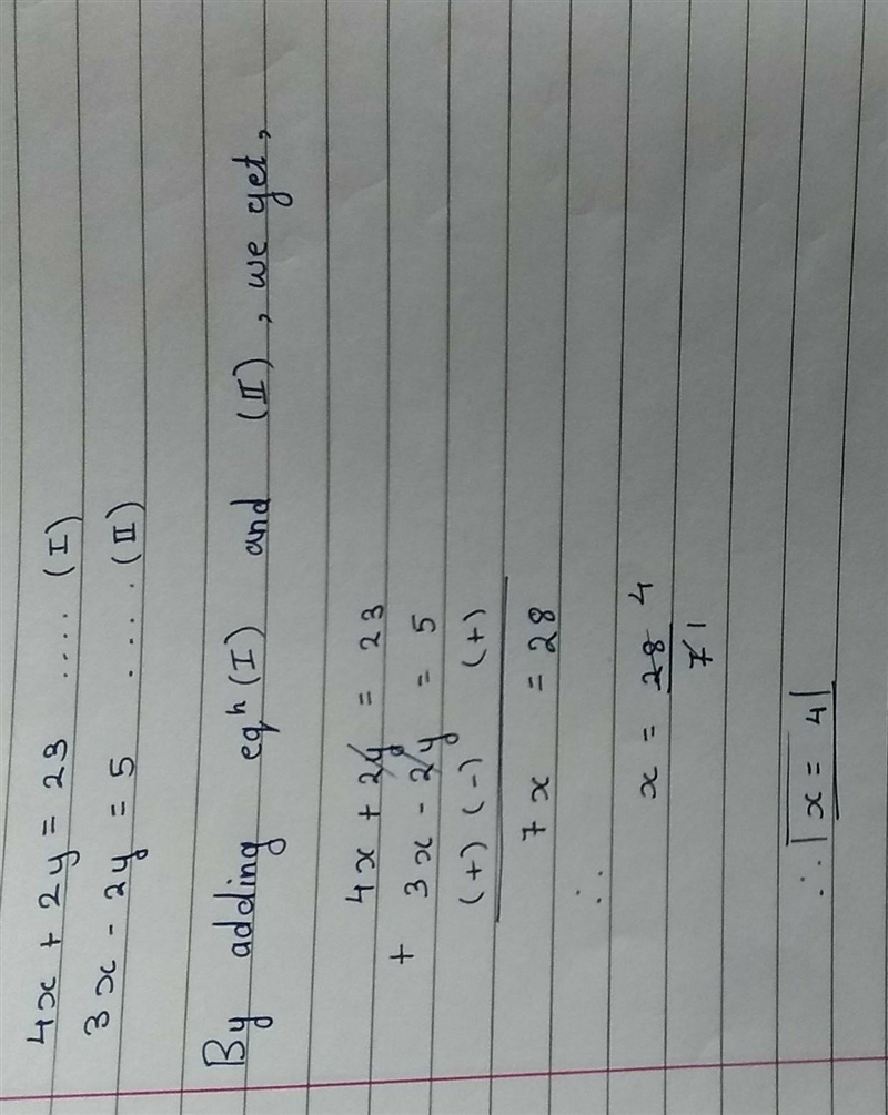 Solve the simultaneous equations 4x + 2y = 23 3x - 2y = 5-example-1