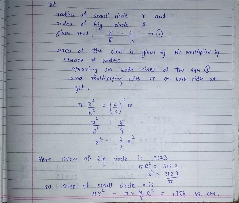 The ratio of the radii of two circles is 2:3. Find the ratio of their areas. If the-example-1