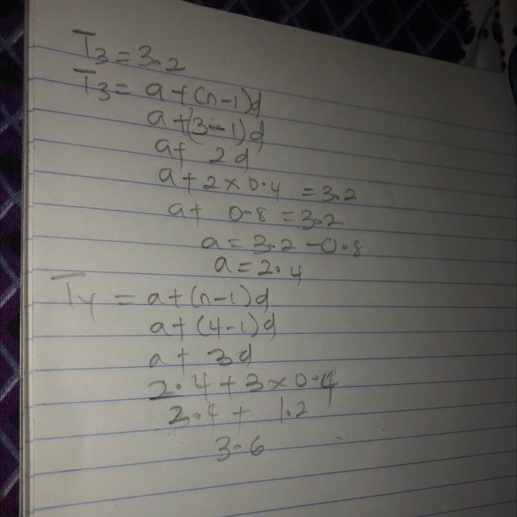 Given the 3rd term =3.2 and d=-0.4, find the fourth term.-example-1