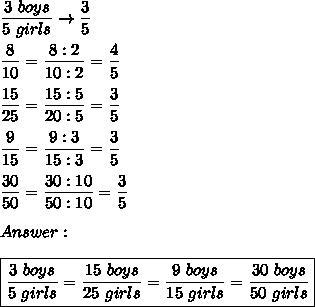 Select the three ratios that are equivalent to 3 boys5 girls 3 boys 5 girls .-example-1