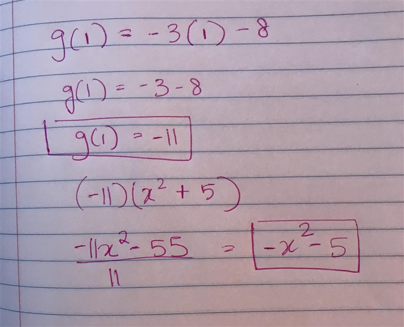 F(x)=x^2+5 and g(x)=-3x-8 Find g(1) and f(g(1)).-example-1