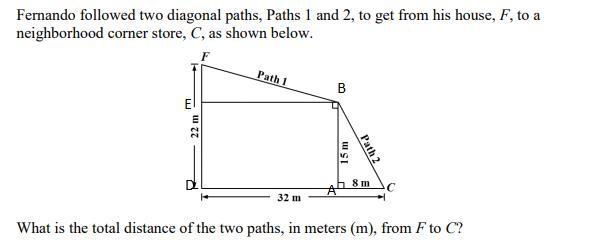 Fernando followed two diagonal paths, Paths 1 and 2, to get from his house, F, to-example-1