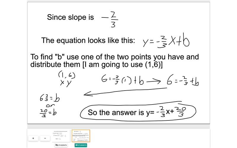 A line goes through the points (1, 6) and (–2, 8). Write the equation of the line-example-2