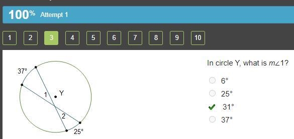 In circle Y, what is m∠1? 6° 25° 31° 37°-example-1