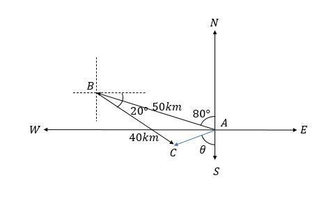 Solve this A tourist starts off from town A and travels for 50km on a bearing of N-example-1