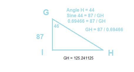 In ΔGHI, the measure of ∠I=90°, the measure of ∠G=46°, and IG = 87 feet. Find the-example-1