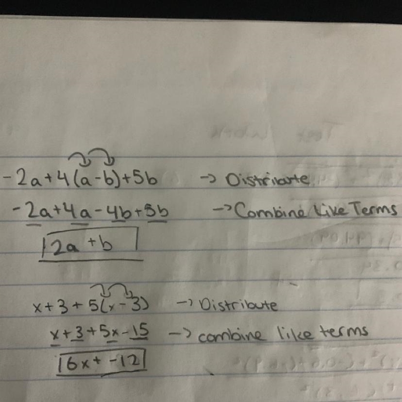 Please help and explain these two problesm -2a + 4 (a - b ) + 5b x + 3 + 5 (x - 3)-example-1