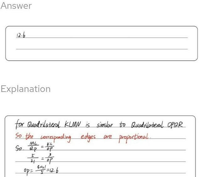 Quadrilateral LKMN is similar to quadrilateral OPQR. Find the measure of side OP. Round-example-1