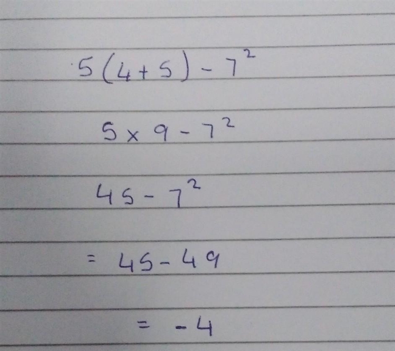 Evaluate the expression and enter your answer below 5x(4+5)-7^2 It's 5 times not X-example-1