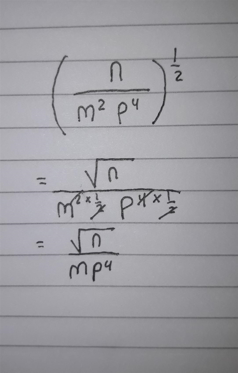 Simplify . (n/(m ^ 2 * p ^ 4)) ^ (1/2)-example-1