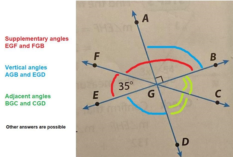 5. Name a pair of supplementary angles. 6.Name a pair of vertical angles 7.Name a-example-1