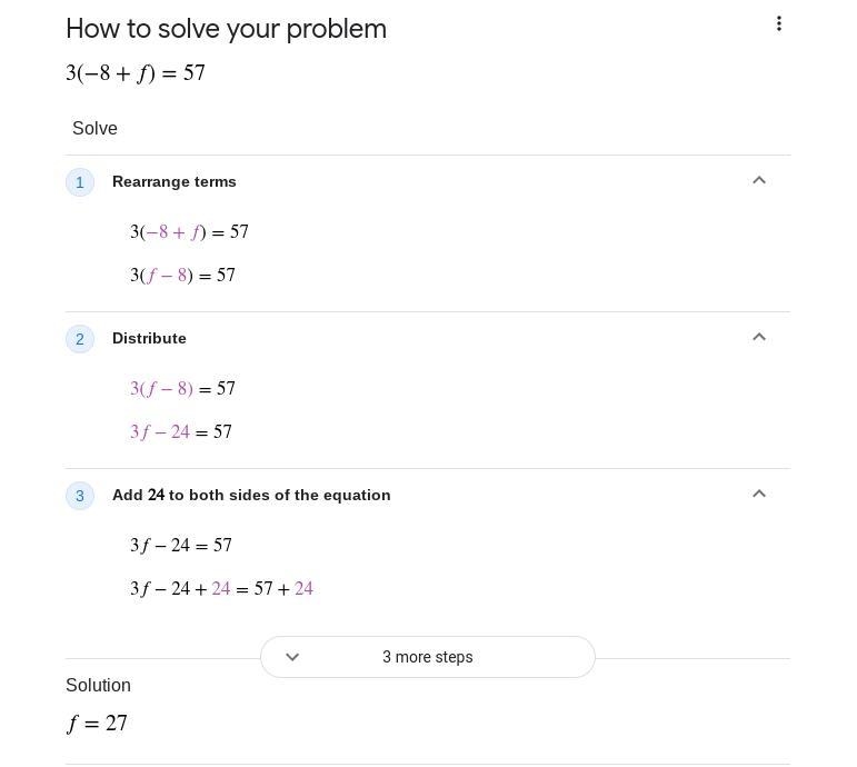 What the answer too 3(-8+f)=57-example-1