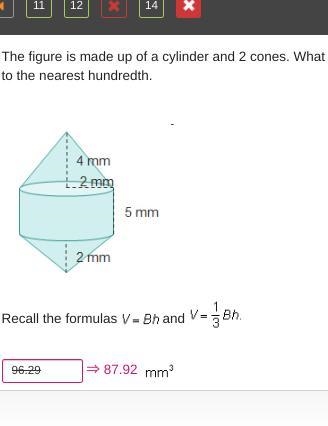 The figure is made up of a cylinder and 2 cones. What is the volume of the composite-example-1