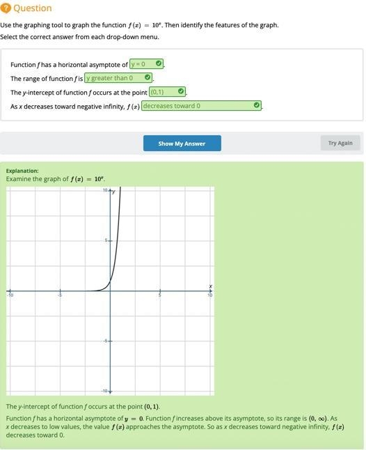 Use the graphing tool to graph the function f(x)=10^x. Then identify the features-example-1