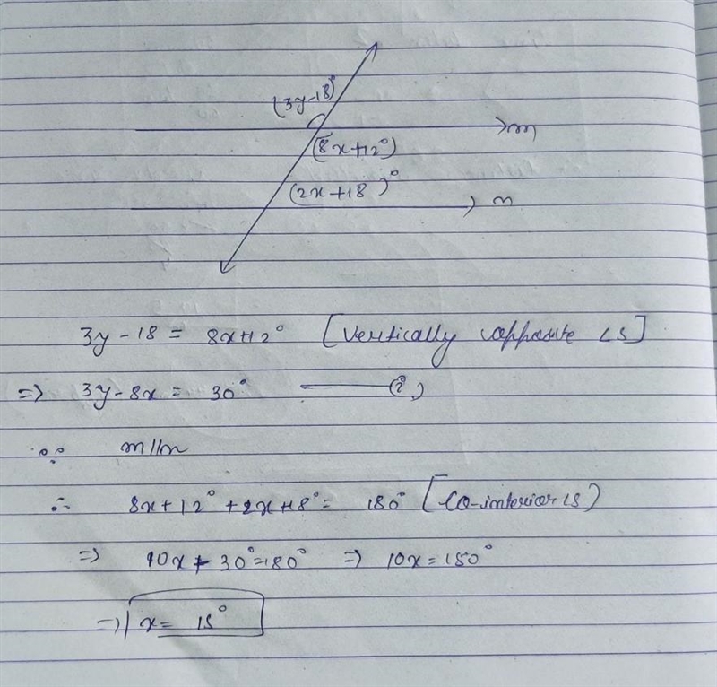 Given m || n, find the value of x and y. (3y-18)º m (8x+12)° (2x+18) n-example-1